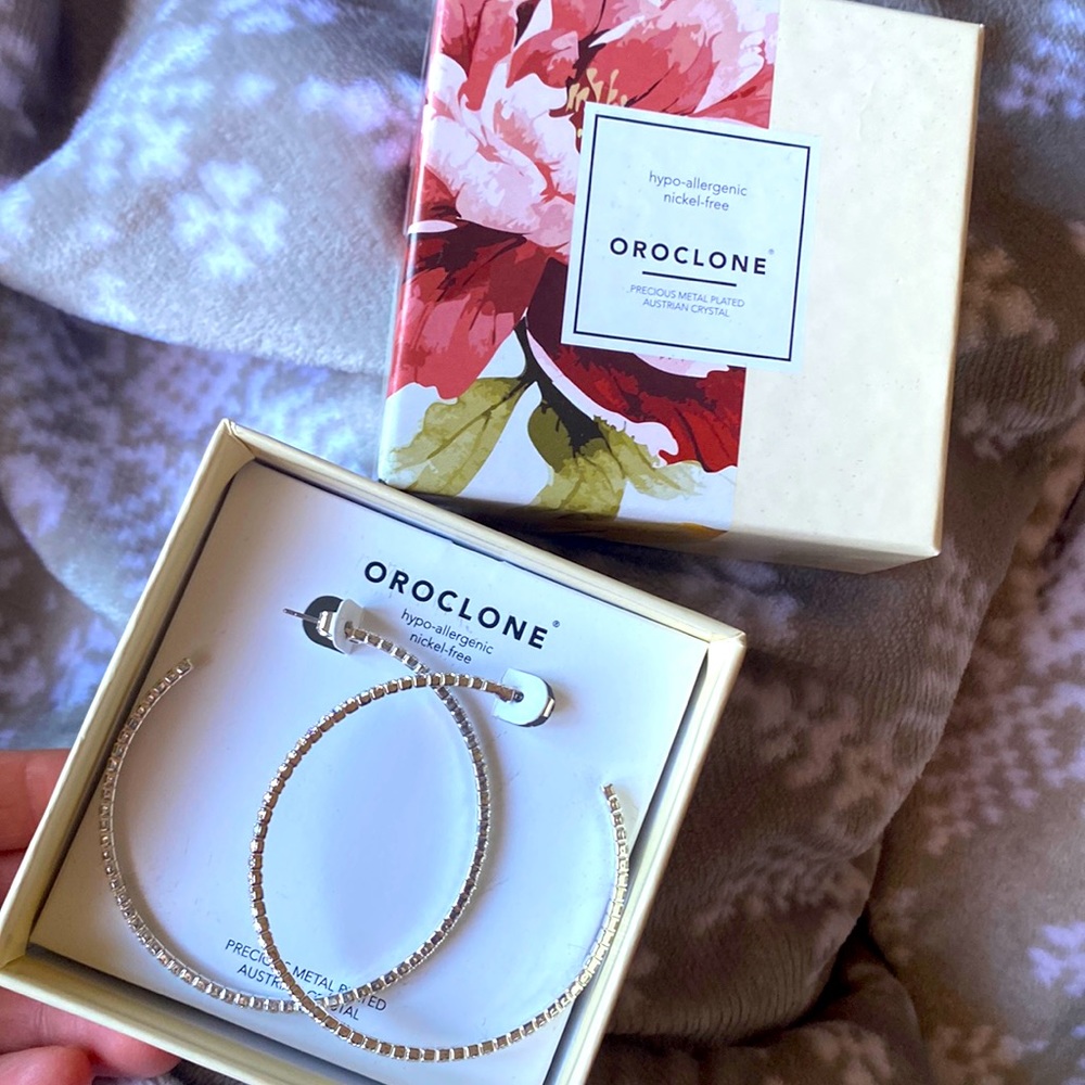 Oroclone Big silver hoops Austrian Crystals NWT